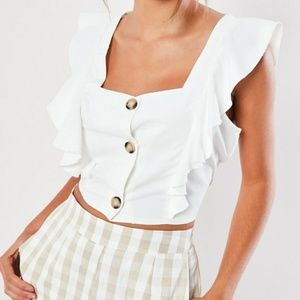 White frill sleeve button crop top